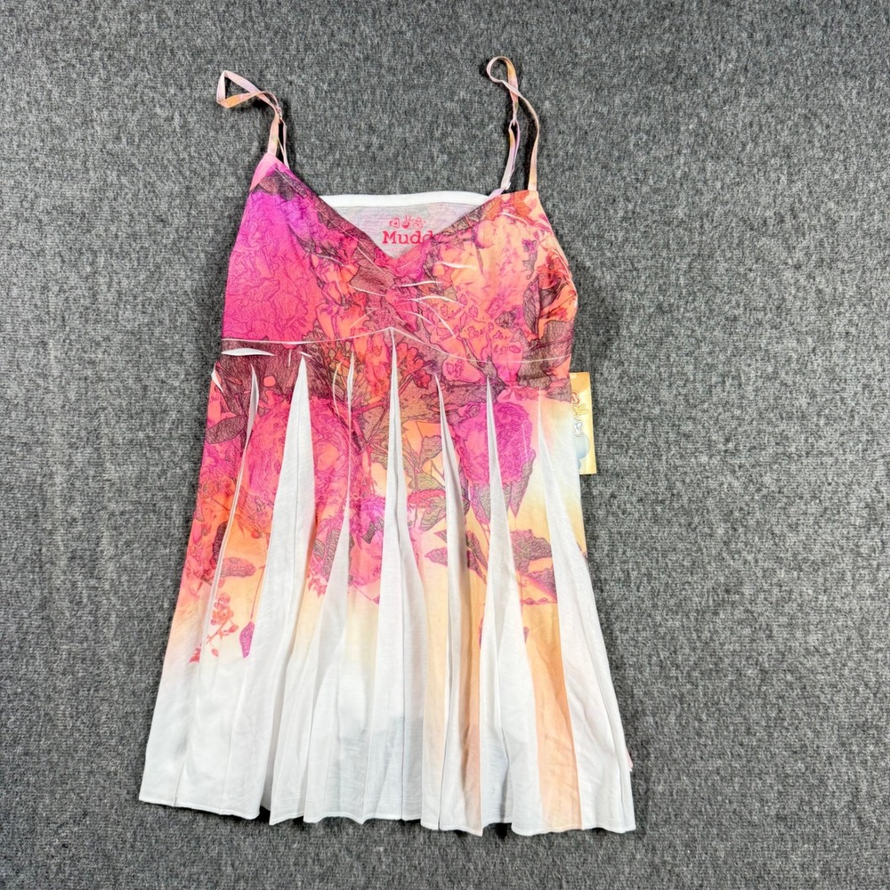 Mudd Womens XL Pink Orange Floral Pleated Babydoll Cami Top NWT Y2K Boho
